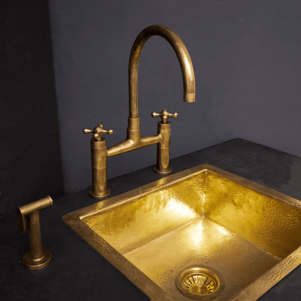Unlacquered Brass Kitchen Bridge Faucet With Sprayer & Cross Handles