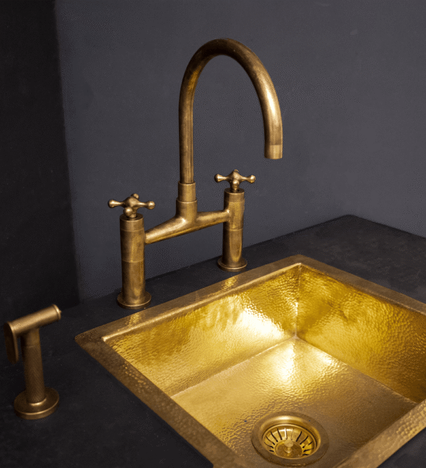 Unlacquered Brass Kitchen Bridge Faucet With Sprayer & Cross Handles